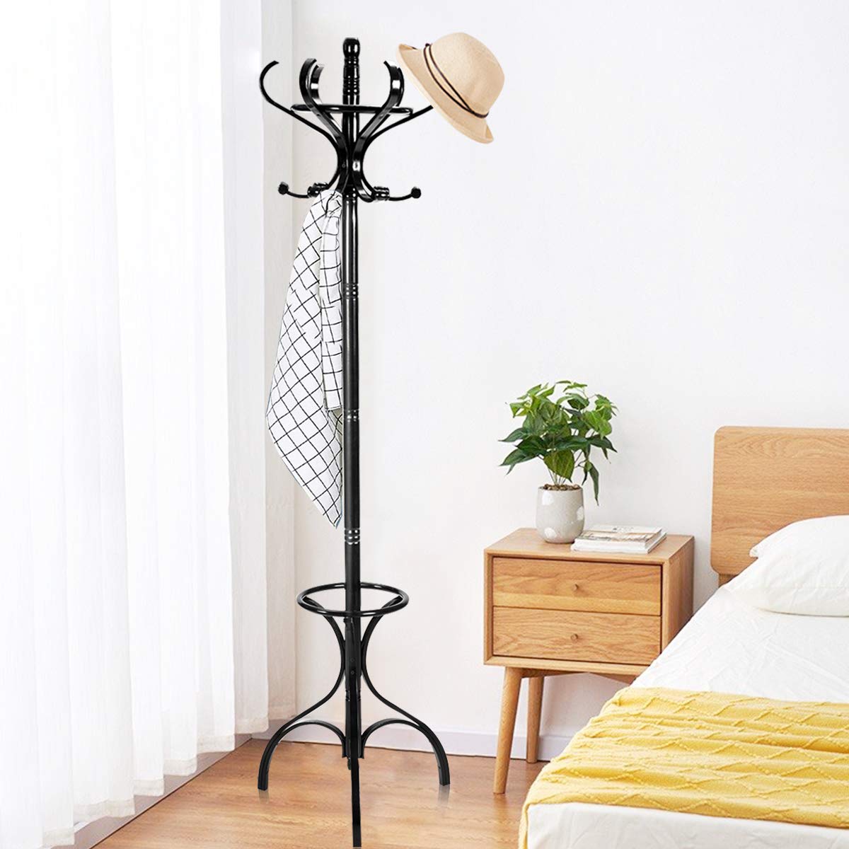 Tangkula 72" Standing Coat Rack, Wood Coat Tree with Hooks, Home Hat Jacket Hanger Tree with Umbrella Holder, Free Standing Hall Tree Coat Stand(Black)