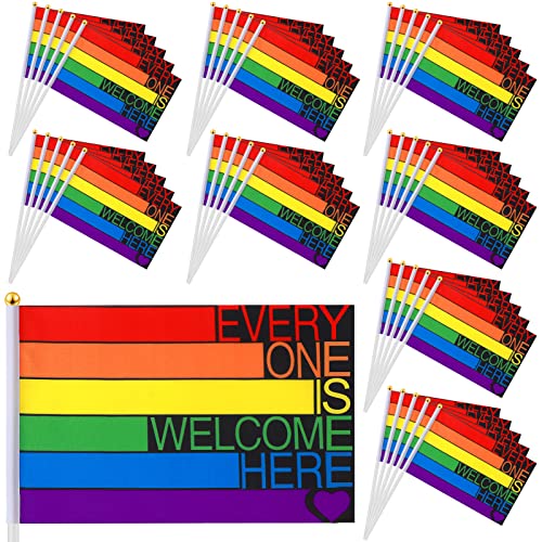 100 Pack Progress Rainbow Pride Flag Gay Stick Flag Rainbow Transgender Flag USA American Rainbow Flag Small Mini Hand Held Flag 5 x 8 Inch Progress LGBT Party Supplies for Parades Rainbow Festival