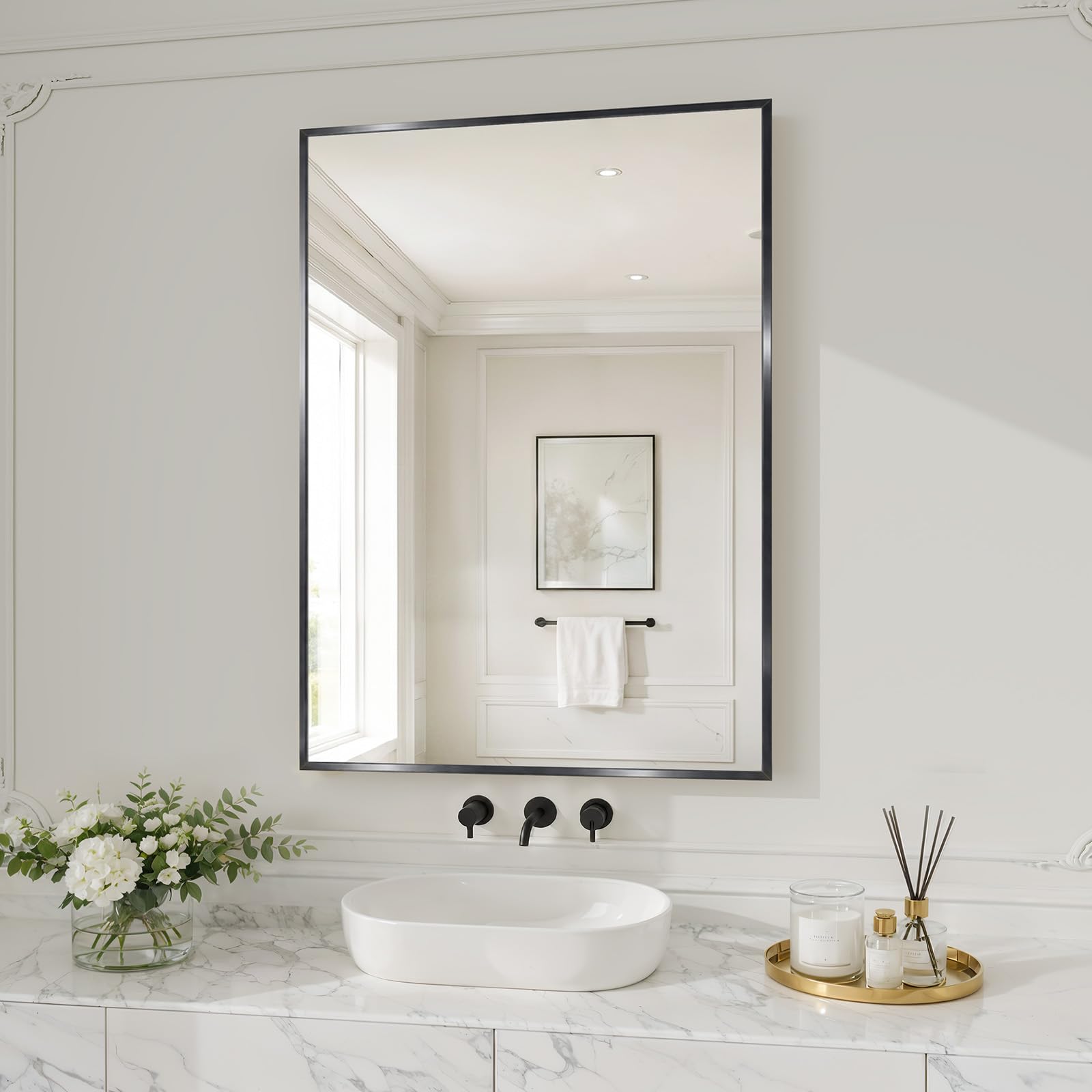 Bathroom Mirror 71x51 cm, Rectangle Wall Mirrors HD Tempered Glass Brushed Aluminum Alloy Framed Mirror for Hallway, Living Room, Bedroom, Hangs Horizontally or Vertically,Black