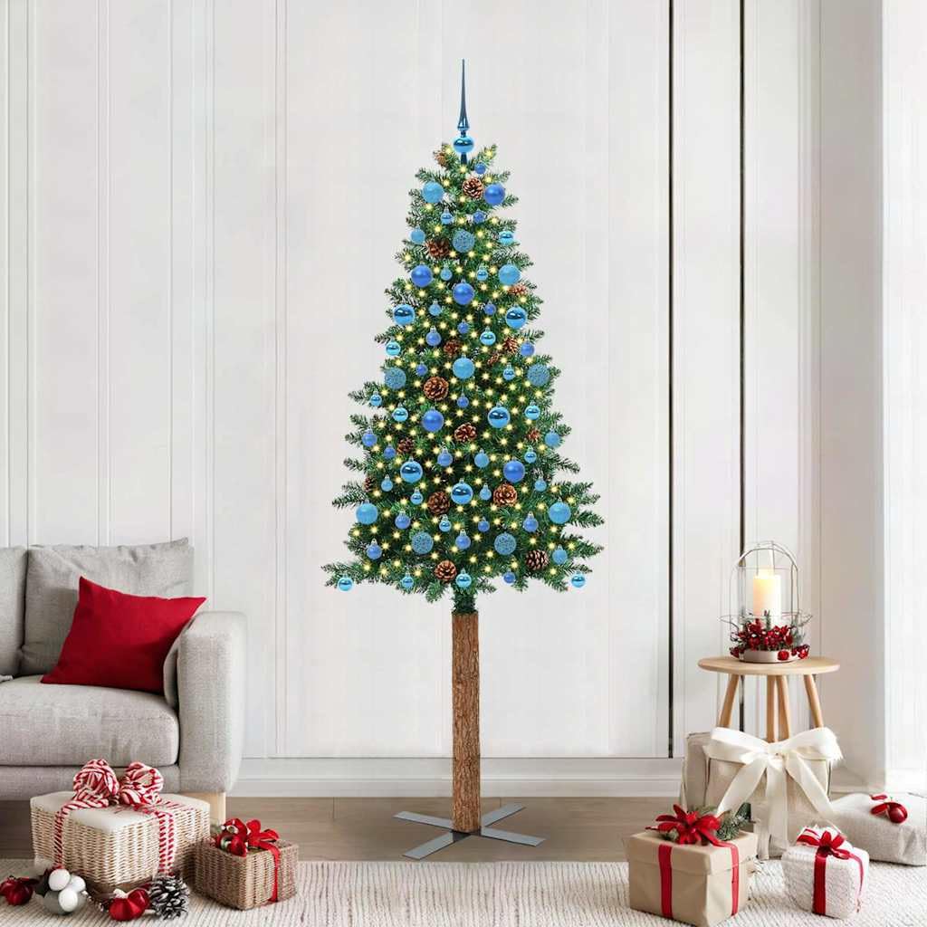 Árbol de Navidad de 210 cm, 300 ledes, 8 modos, 465 PVC, tronco de pino, 120 bolas, 45 conos, interior y exterior