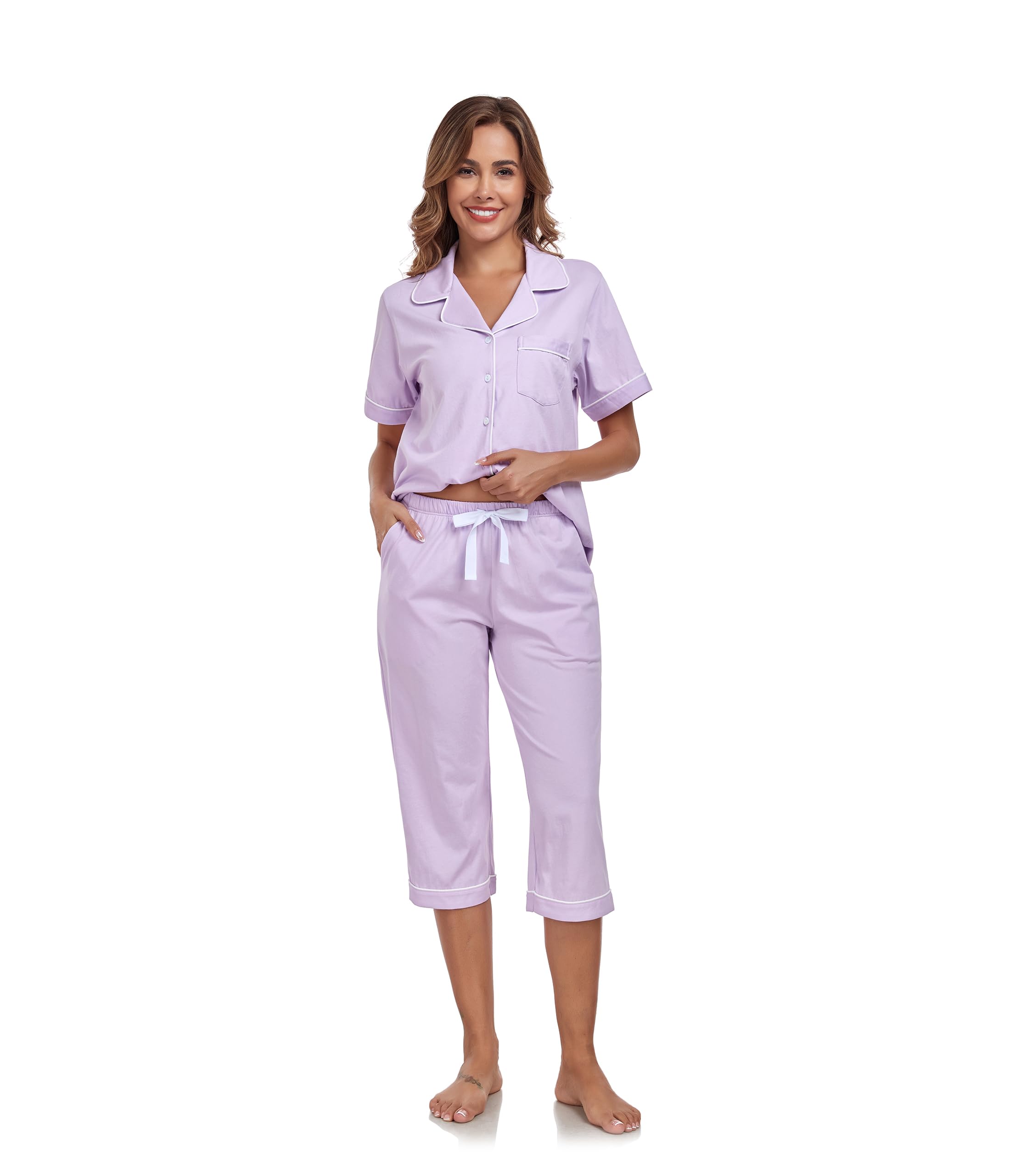 COLORFULLEAF Pigiama estivo da donna, in 100% cotone, 2 pezzi, a maniche corte e pantaloni lunghi a 3/4
