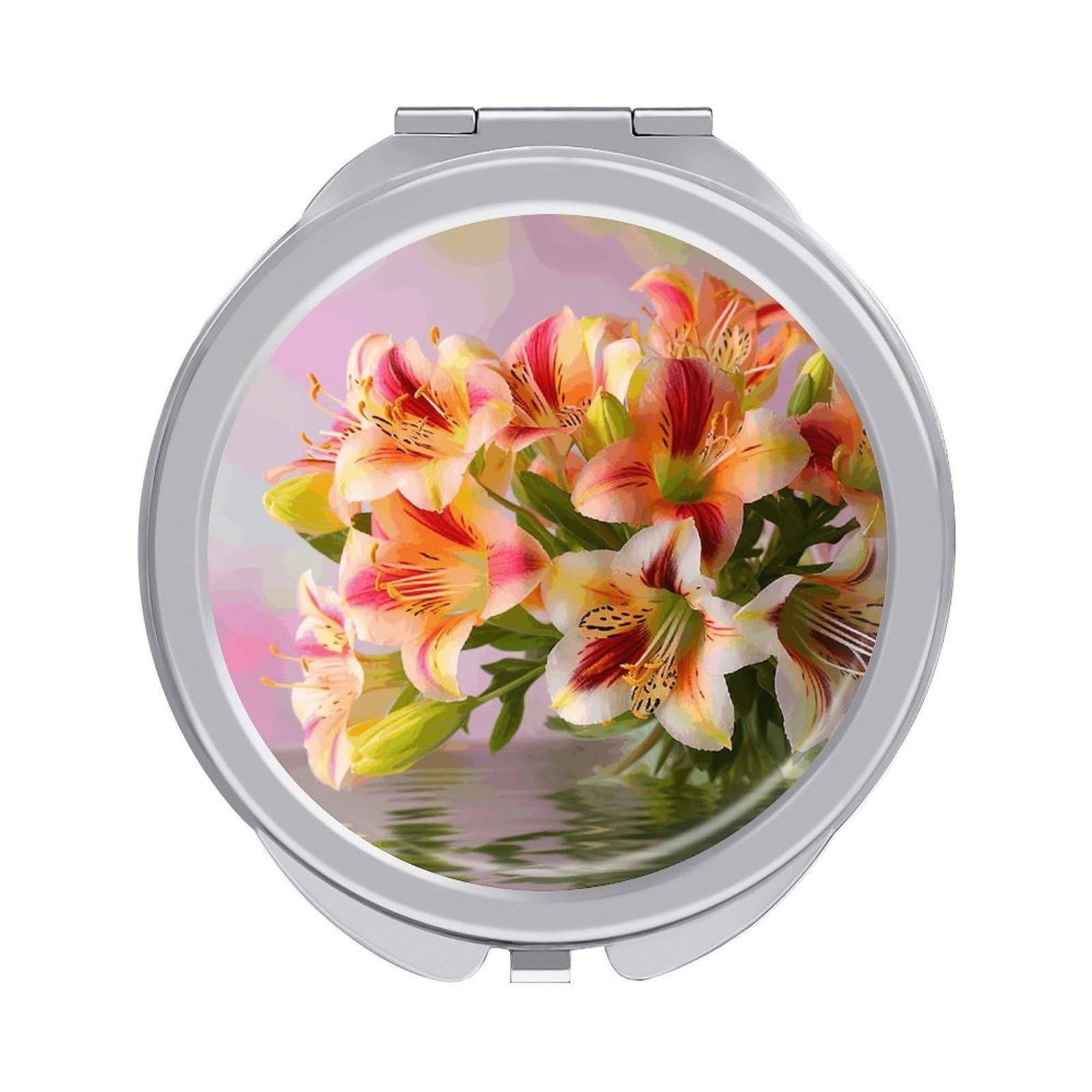 VstaDank Alstroemeria Compact Mirror for Purses Round Fashion Travel Makeup Mirror 2X /1x Magnifying Double Sides Mini Mirrors Portable Pocket Mirrors for Handbag Purse Women Gift