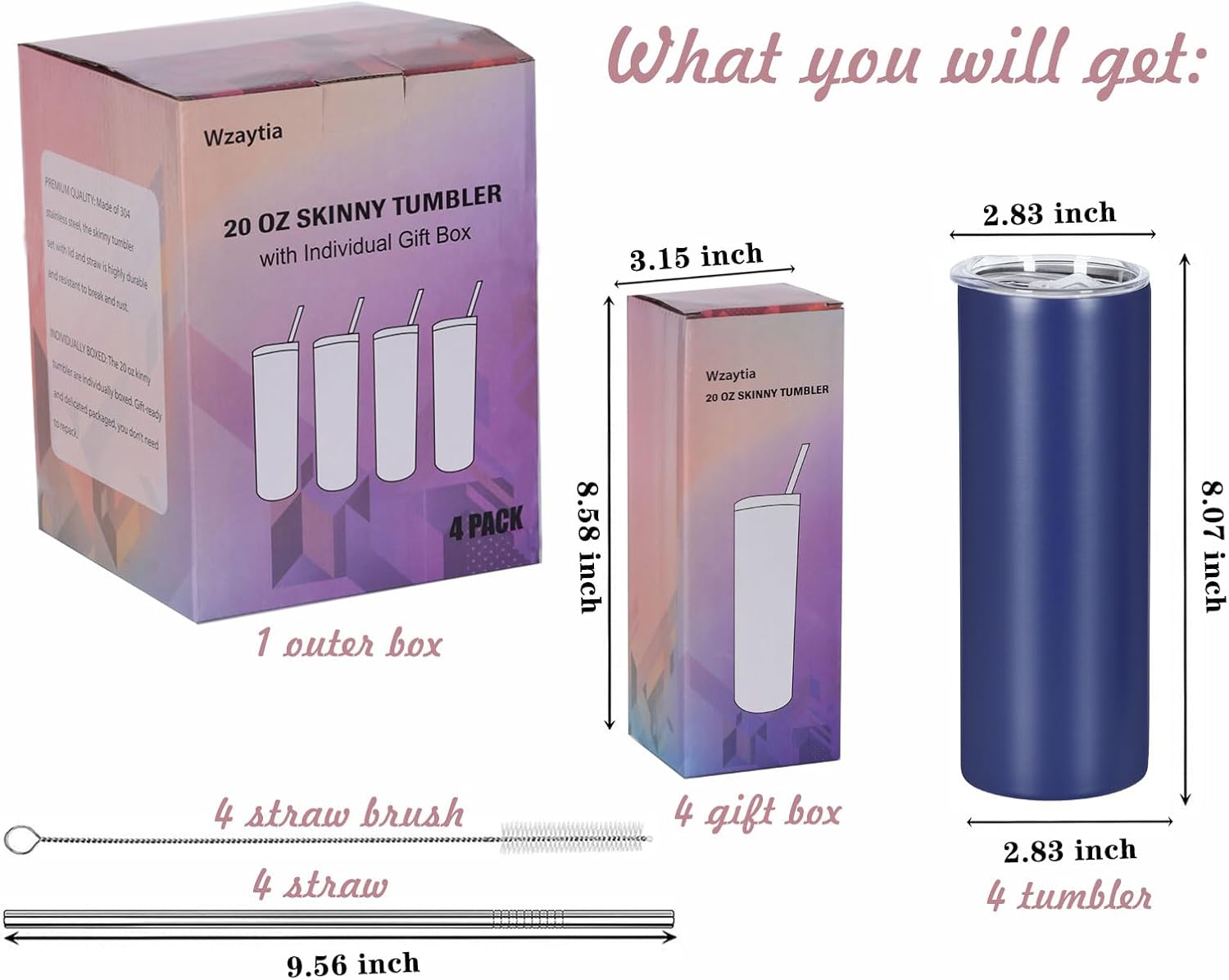 4 Pack 20 Oz Straight Skinny Tumblers,Individually Gift Boxed Stainless Steel Slim Skinny Tumbler Set Bulk, 20 Oz Insulated Slim Thin Travel Tumbler Cup for Diy, Navy - Image 2