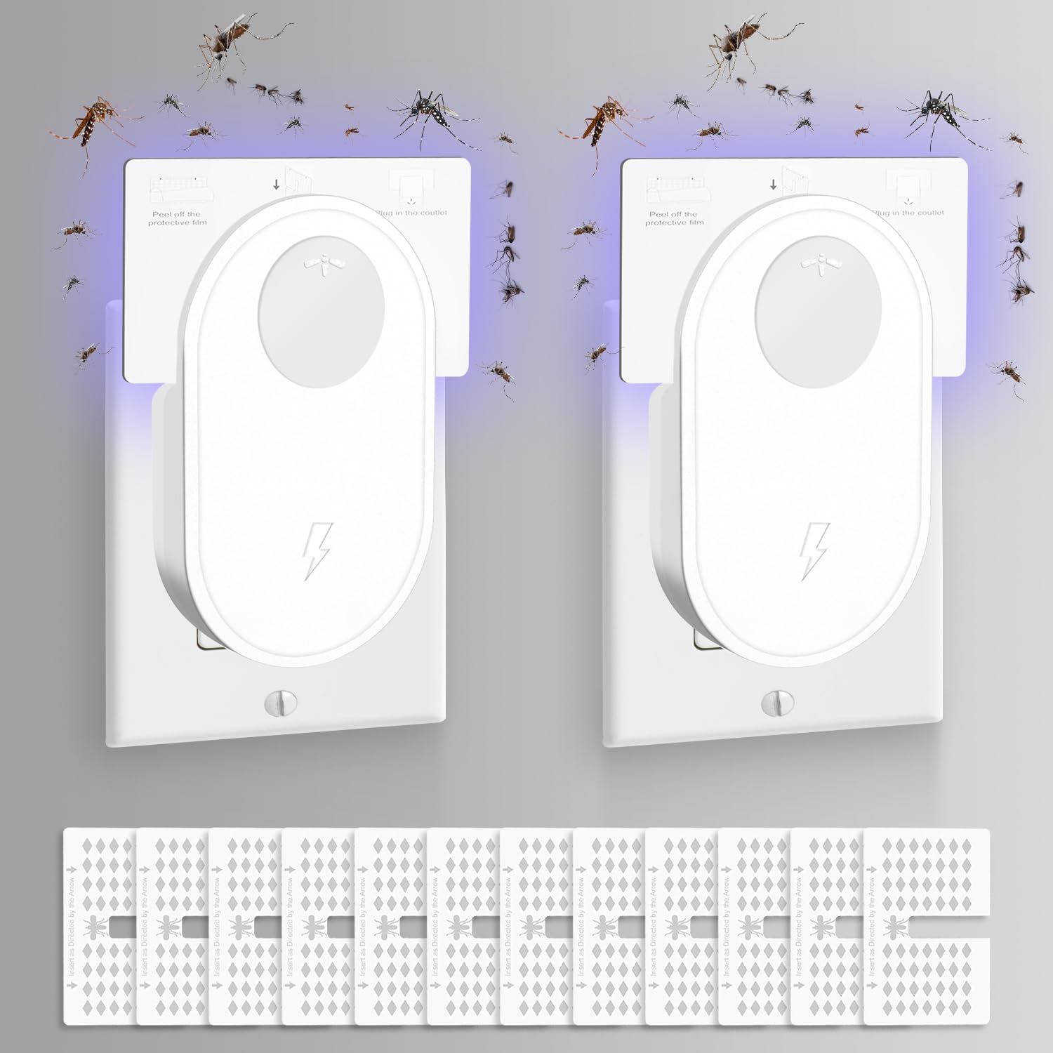 NecomiIndoor Plug in Mosquito Killer, Indoor Mosquito Trap,Flying Insect Trap for Flies, Fruit Flies, Moths, Sticky Traps,UV Attractant Catche,with Night Light,White(2 Device + 12Pcs Adhesive Cards)