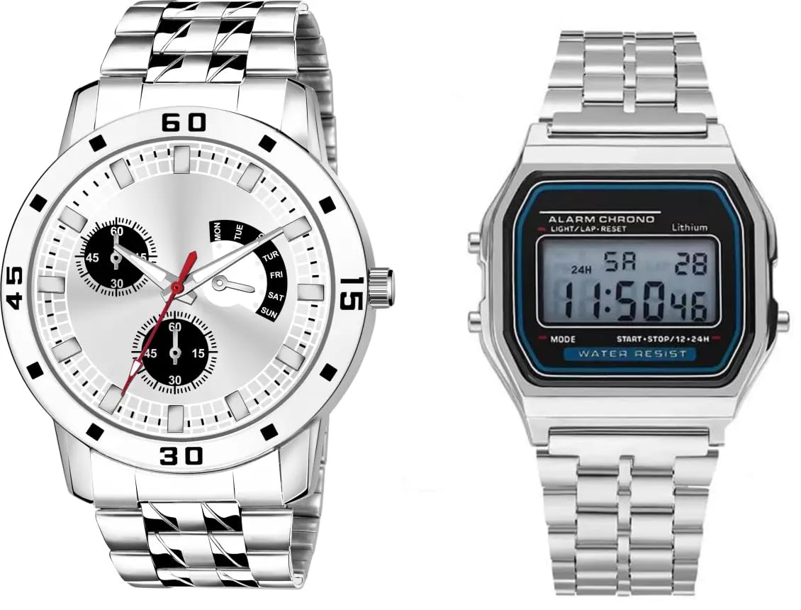 SELLORIA Premium Brand Trending Style Royal Looking Unisex Analog with Digital Good Return Gift for Boys Analog with Digital Watch for Men Stainless Steel Watch for Boys (Pack of 2) (Silver) (B0CD7MHYCR) Amazon Price History, Amazon Price Tracker