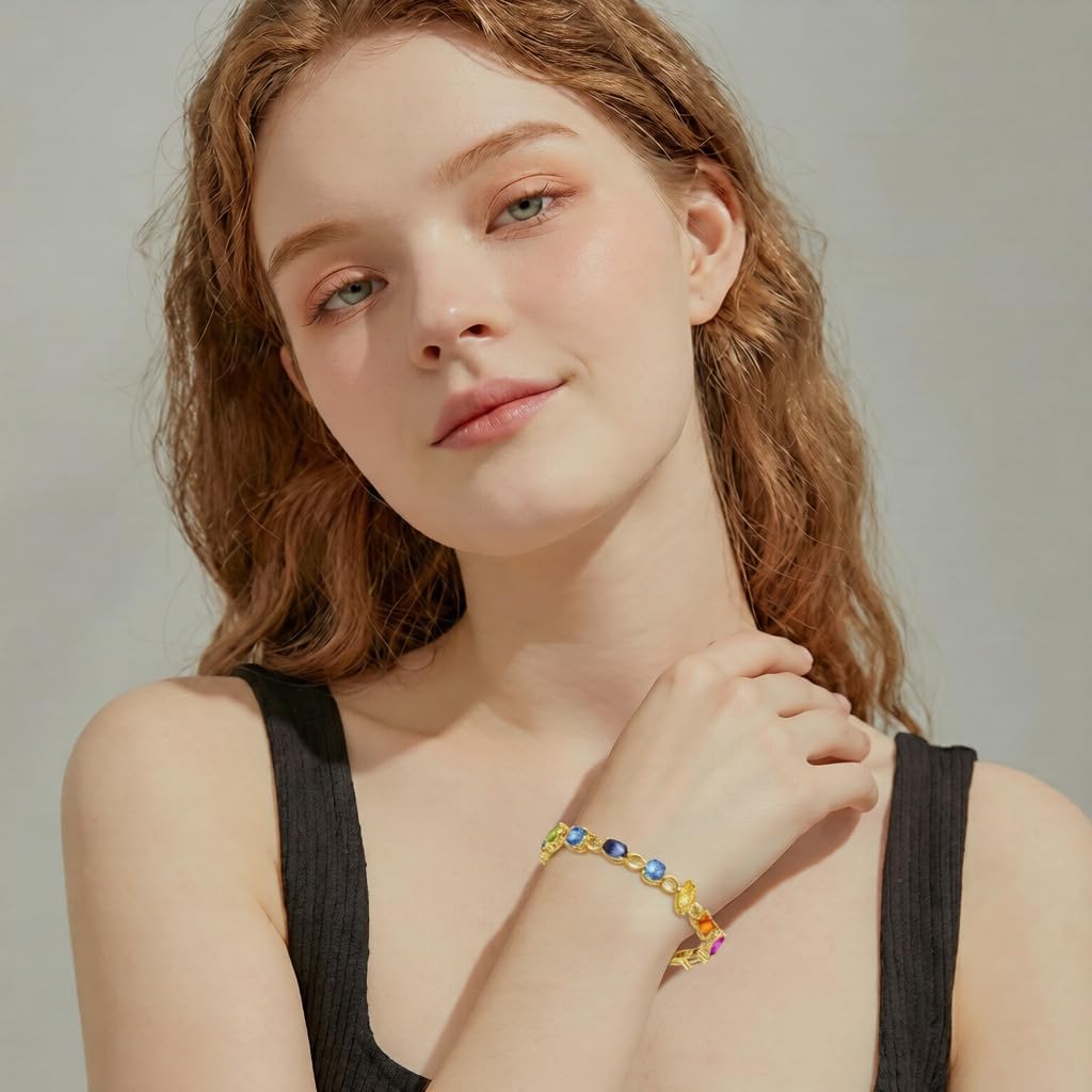 Rainbow Prism CZ Tennis Bracelet for Women, Gold-Tone Brass Mixed-Cut Multicolor Stones, Adjustable Link Chain, Dainty Stackable Colorful Gift for Her