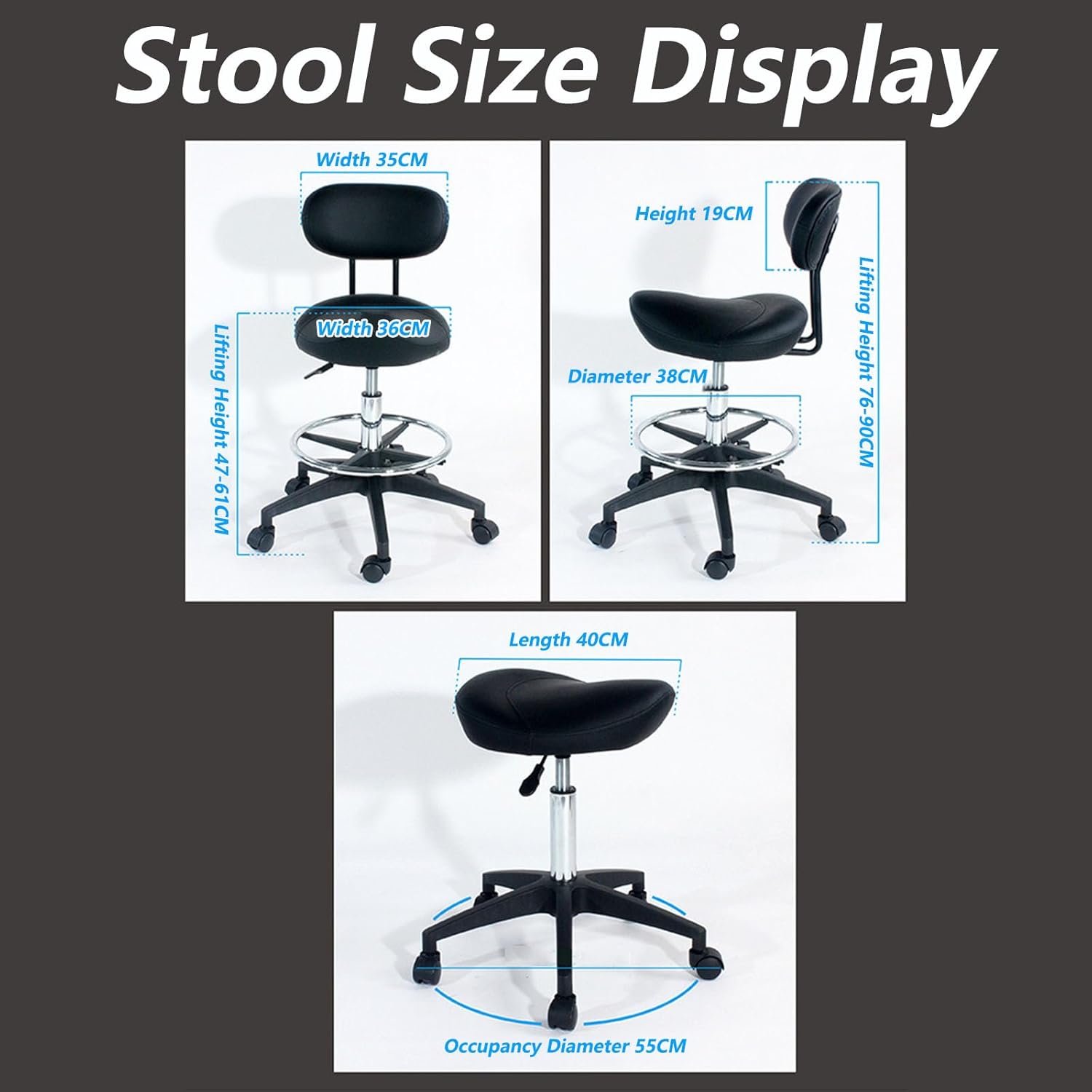 Ergonomic Saddle Stool Chair with Backrest, Height Adjustable & 360° Swivel, Rolling Stool for Medical Clinics, Labs, Studios - Comfortable & Versatile A3