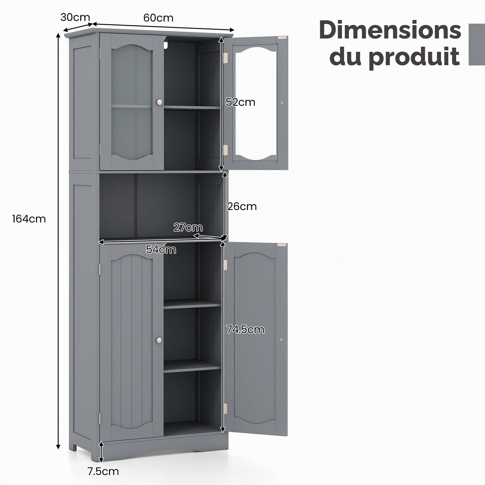LIFEZEAL Armoire Haute de Salle de Bain avec Portes Vitrées (Gris)