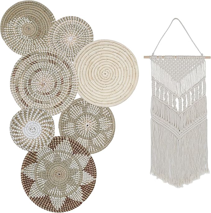 BOHO11 SeaVibe – Set of 7 Handwoven Seagrass & Macramé Wall Baskets – Coastal Boho Wall Decor for Living Room, Bedroom, or Kitchen – Wicker Art with Macramé Accent – Ready to Hang