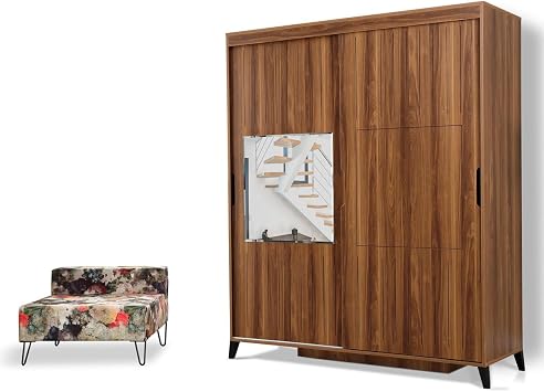 Huga Sürgülü 2 Kapaklı Aynalı Gardırop, Ceviz,190Cm