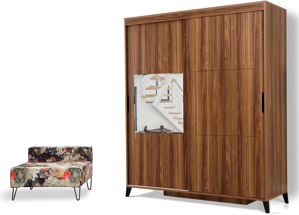 Huga Sürgülü 2 Kapaklı Aynalı Gardırop, Ceviz,190Cm