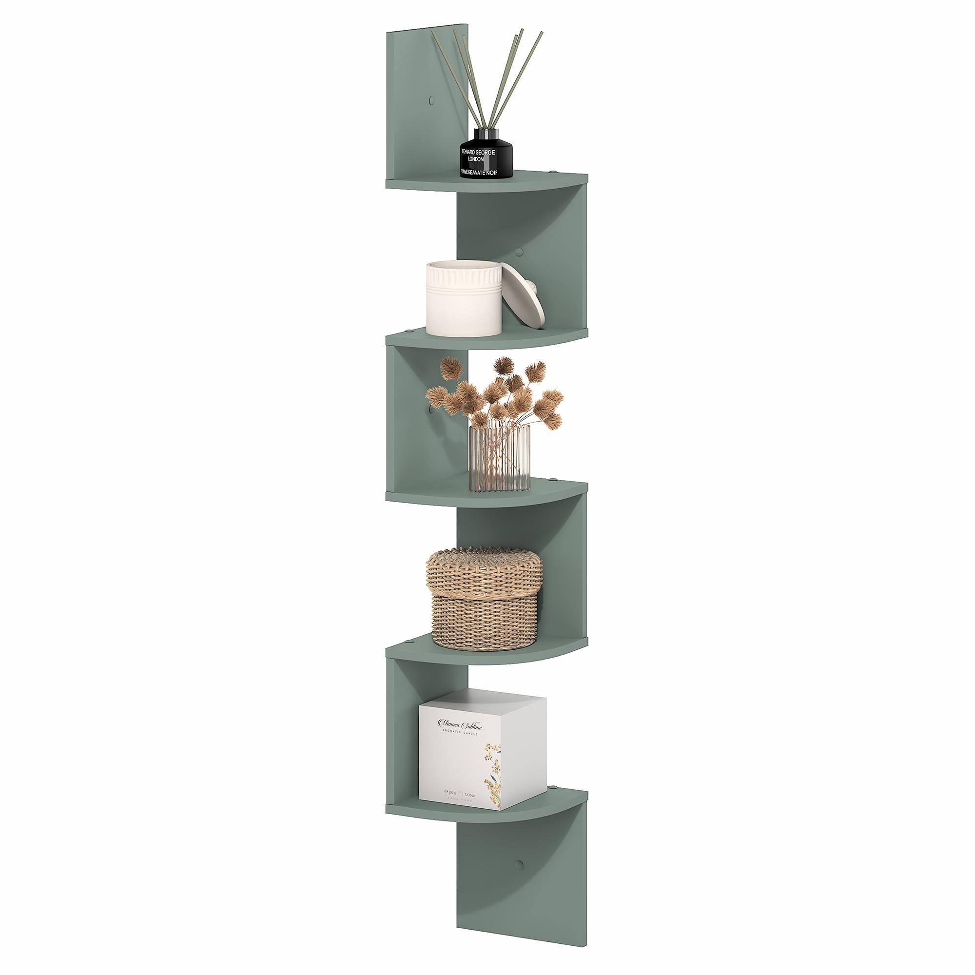 Furinno ROSSI Floating Book Shelves for Wall, 5-Tier Zigzag Corner Shelf Wall Mounted, Radial Corner Wall Shelf, for Living Room, Bedroom, Bathroom, Home Office, Sage Green — image 1