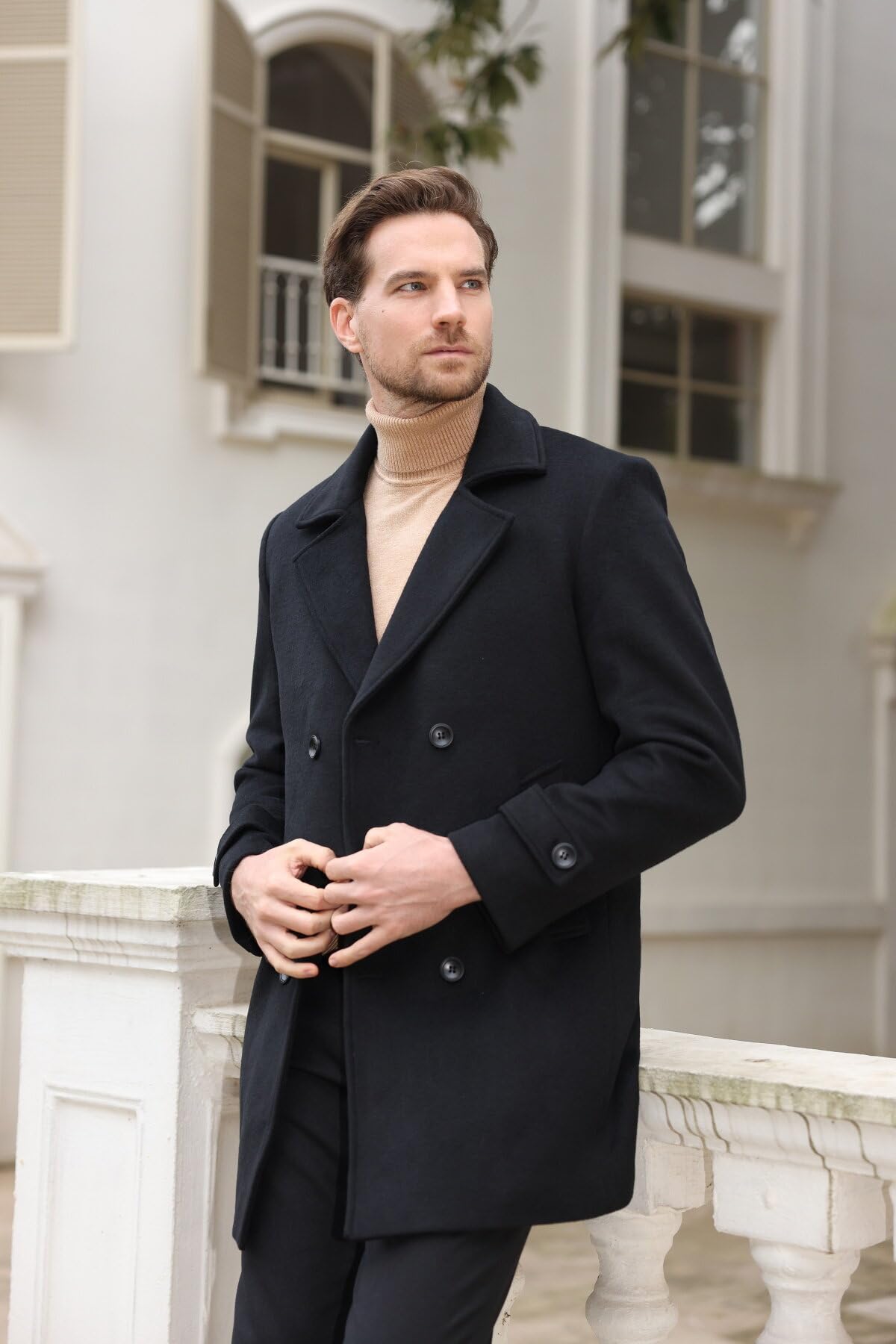 Allthemen Herren Wollmantel Winter Zweireihig Wintermantel Mittellang Warm