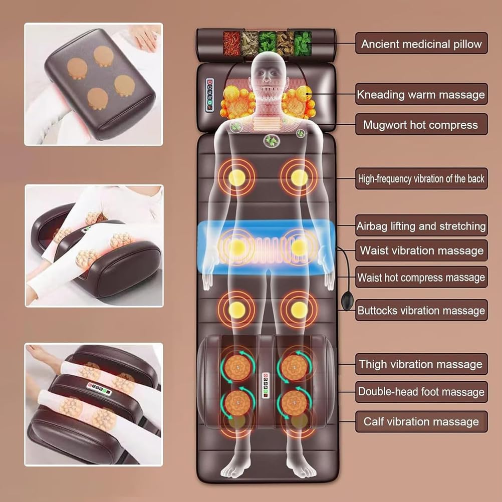 Alfombrilla De Masaje De Cuerpo Completo con Calor | Con 10 nodos de vibración, almohadas ajustables y almohadillas térmicas para la relajación muscular del cuello.