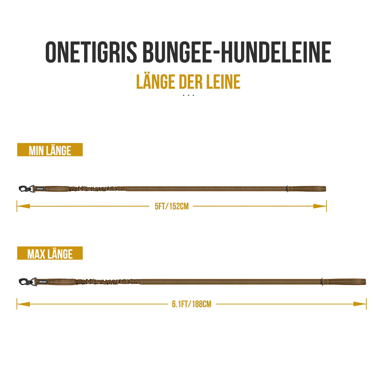 OneTigris Smycz dla Psa 152-188 cm, Bungee Jumping Design z Metalowym Klipsem i 2 Miękkimi Wyściółkami, Odblaskowa Nylonowa, dla Średnich i Dużych Psów, Brązowa