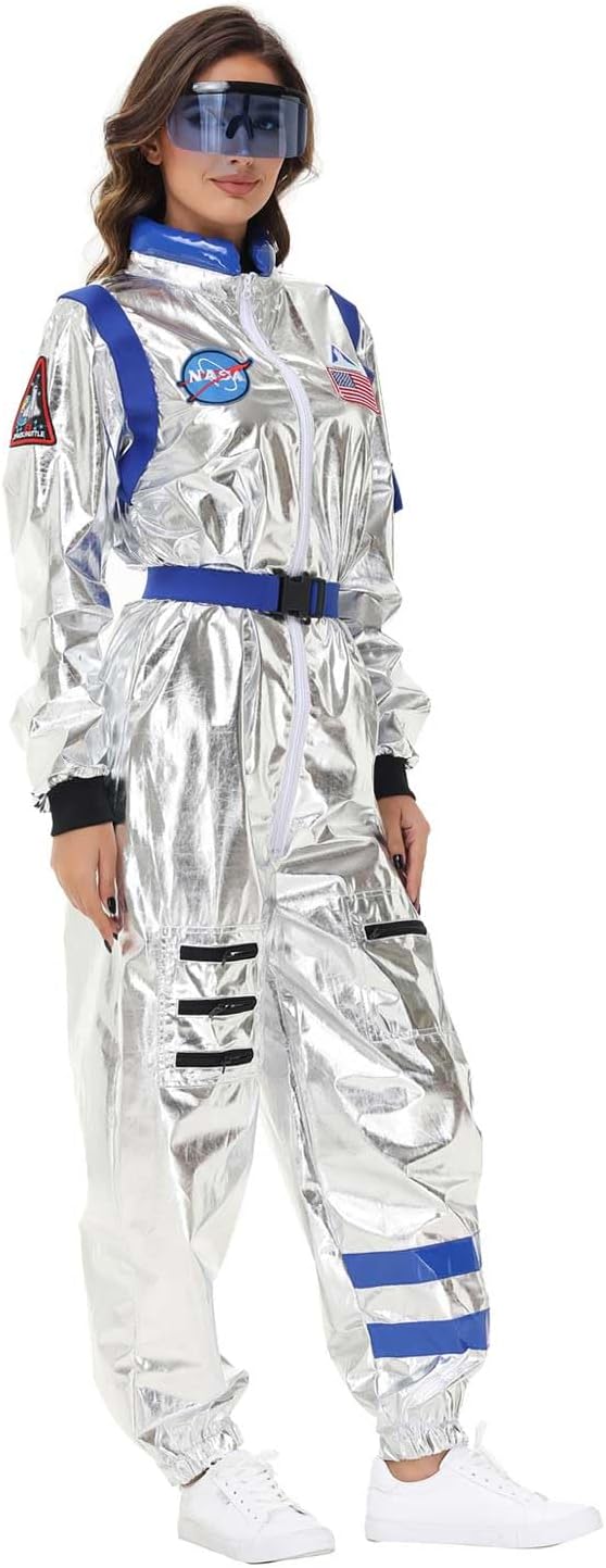 Astronaut Costume Adult Women Silver Space Suit Astronaut Jumpsuit with Belt Halloween Cosplay Costume
