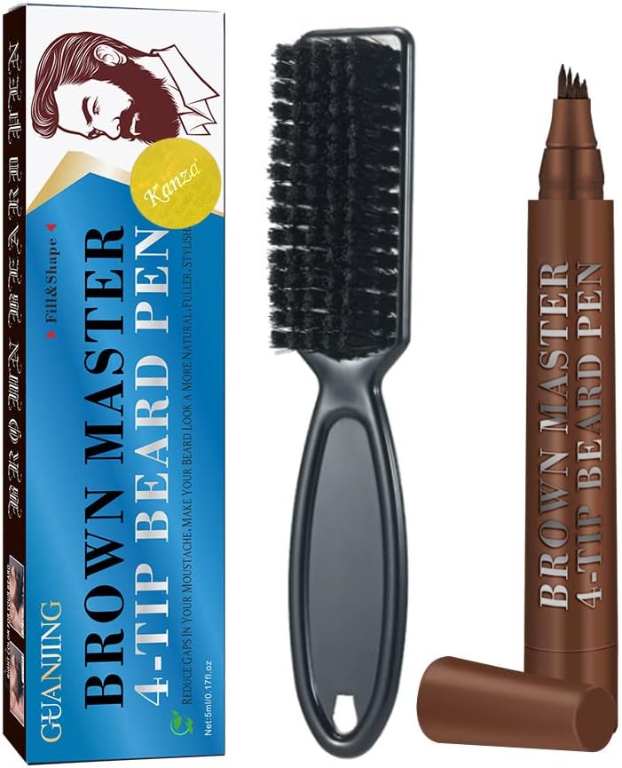 Brown Master 4 - Tip Beard Finishing Pen(Brown) | Beard & Moustache Pen and Beard Brush Combo Set | Beard Filler For Home Travel & Barber Use | Exclusively For Men | 5ml Pen & Brush