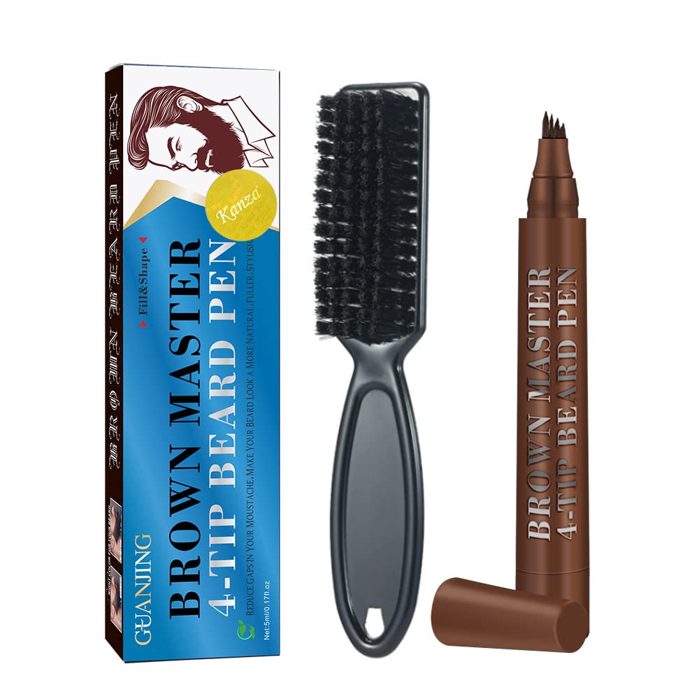 KANZA - Brown Master 4 - Tip Beard Finishing Pen(Brown) | Beard & Moustache Pen and Beard Brush Combo Set | Beard Filler For Home Travel & Barber Use | Exclusively For Men | 5ml Pen & Brush