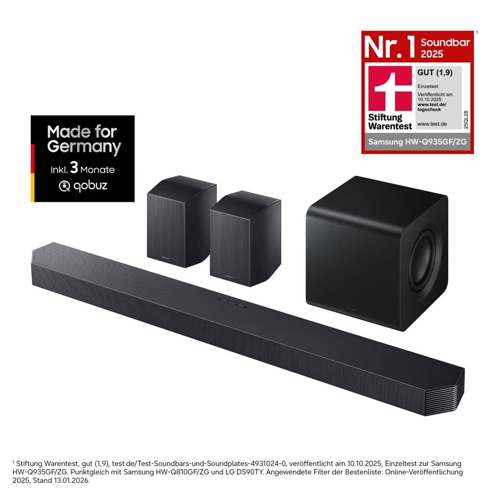 SAMSUNG HW-Q935GF Q-Series 9.1.4-Kanal-Soundbar für Fernseher, Kabelloser 6,5"-Subwoofer, 2.0.2-Kanal-Rücklautsprecher, Kabelloses Dolby Atmos und DTS:X, SpaceFit Sound Pro, Q-Symphony