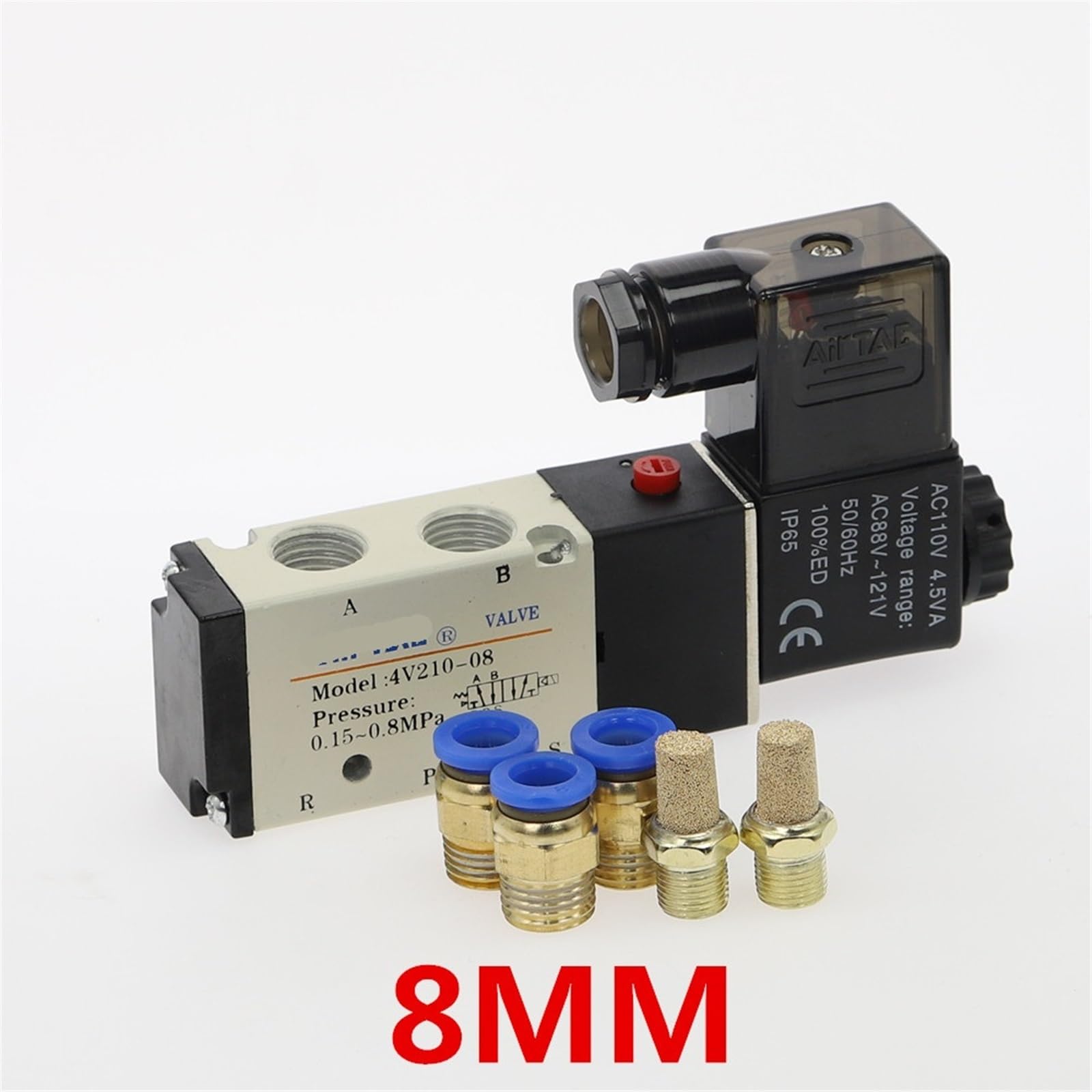 1 válvula solenoide 4V210-08 de 5 vías, 2 posiciones, control de aire y gas, válvula magnética de 12 V, 24 V, 220 V, 4 mm-12 mm, accesorios de manguera (accesorios de PC de 8 mm, AC220)