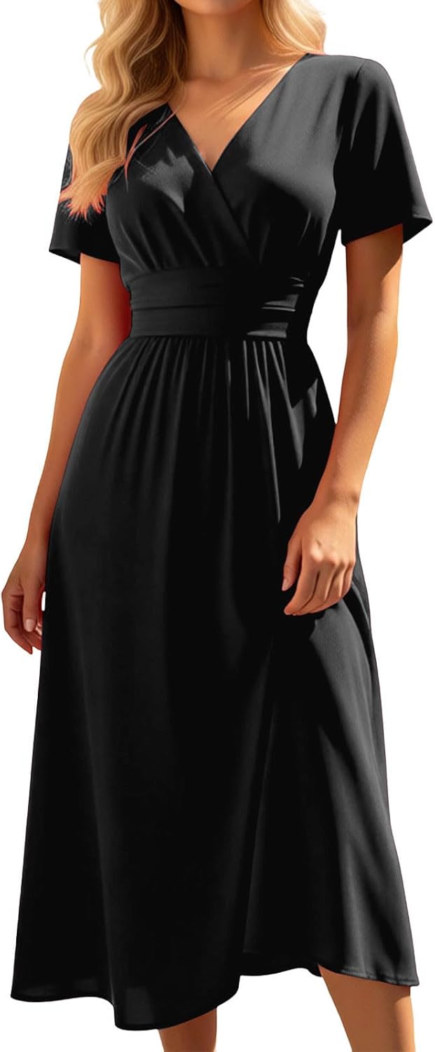 Kleider Damen Lang Tailliert Curvy Sommerkleid Leicht A Linie Midikleid Elegant Festlich Sommer Kleid V Ausschnitt Hohe Taille Damen Sommerkleider Luftig Kurzarm Strandkleid Midi