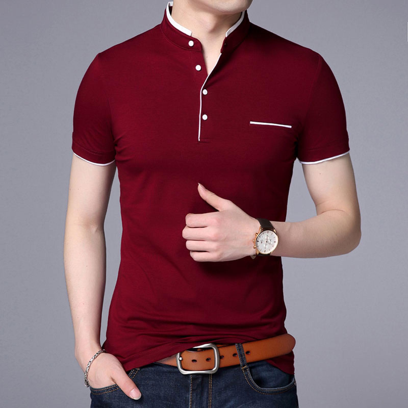 Moda Casual - Polo da Uomo Camicie Bordeaux Maniche Corte Magliette da Corsa Ad Asciugatura Rapida Magliette da Golf Camicie da Lavoro Traspiranti con 4 Bottoni