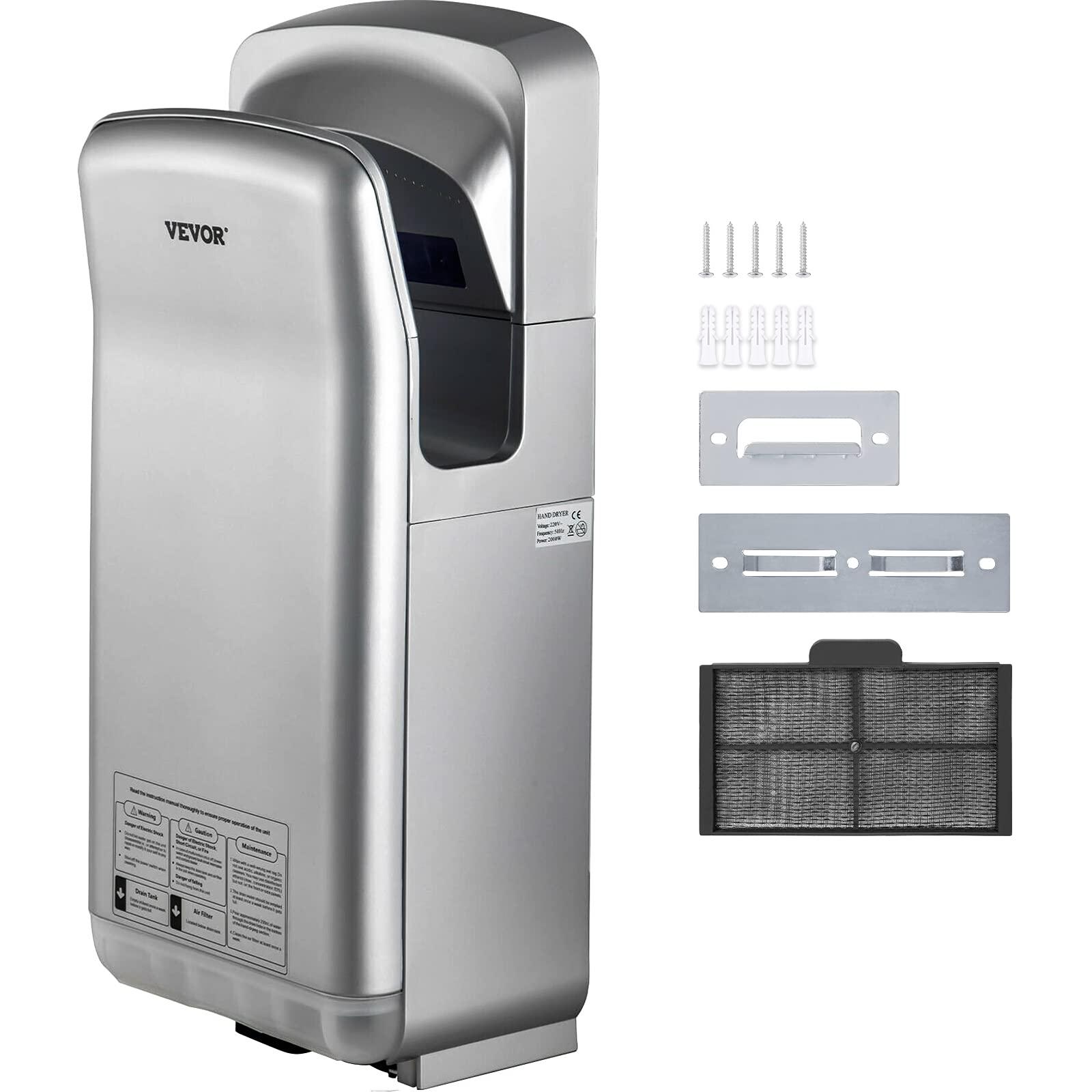 VEVOR Sèche-mains à jet, sèche-mains à lame électrique commercial de qualité supérieure, sèche-mains à air ABS avec filtration HEPA, montage mural 2KW 220V, infrarouge automatique (argent)