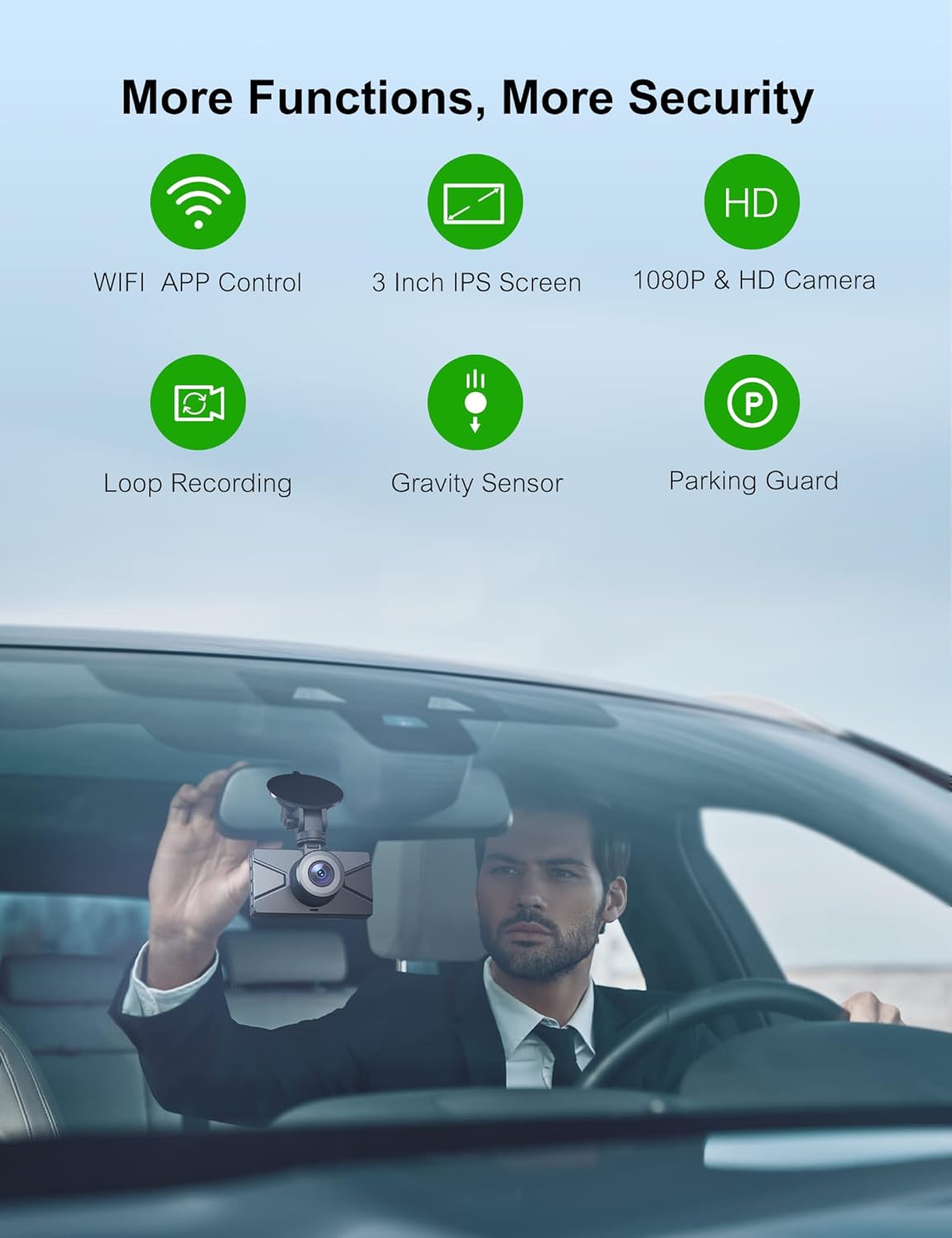 Diagram showing various features of the Surfola SD510 Dash Cam including WiFi, App Control, 3-inch IPS screen, 1080P & HD Camera, Loop Recording, Gravity Sensor, and Parking Guard, with a man installing the dash cam in a car.
