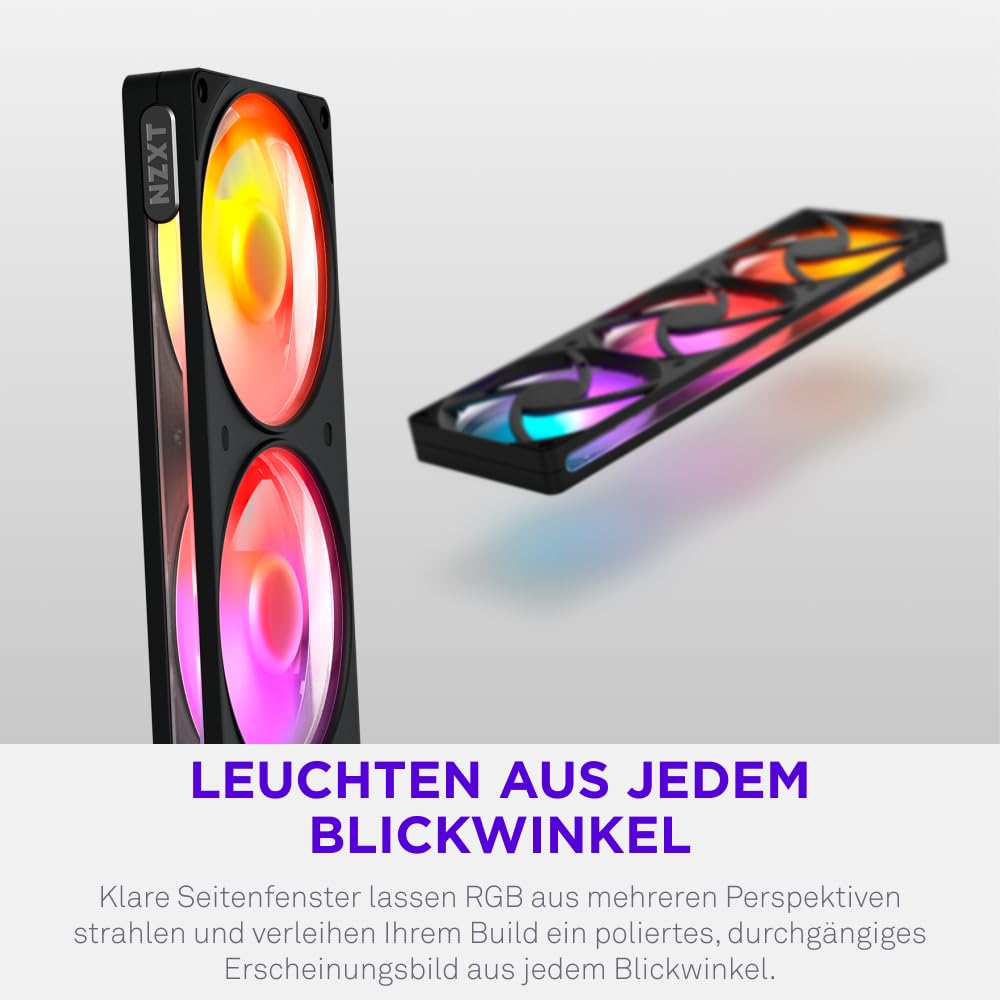 NZXT F360 RGB Reverse - 360mm single-frame Reverse Lüfter - Schwarz | 360mm single-frame Einheit mit drei 120mm Reverse-Blade PWM RGB-Lüftern. Sauberer Airflow für Show-Side-Builds.