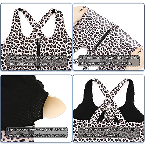 Image of Cordaw Zipper in Front Sports Bra High Impact Strappy Back Support Workout Top