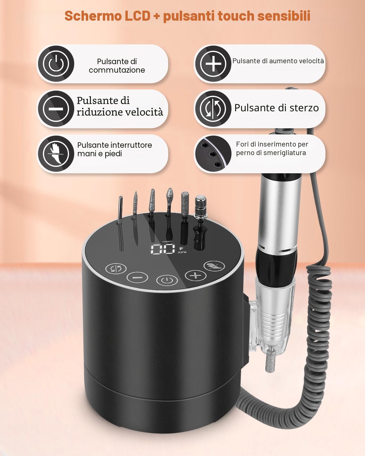 Fresa per Unghie Professionale, Lima per Unghie Elettrica 35000RPM, Set Manicure Elettrico con Pedale e 6 Fresa, Macchina per Unghie Acriliche Gel, Nail Drill, Manicure e Pedicure Elettrico