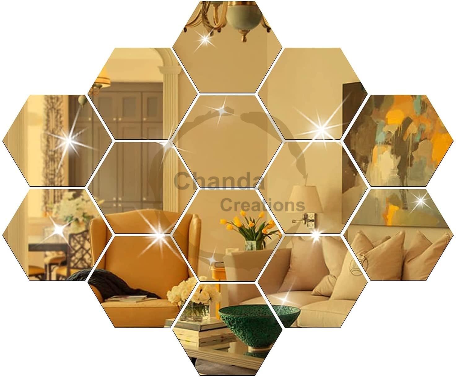 Chanda Creations Super Hexagon Wall Decor (14PCS) Acrylic Mirror for Wall Stickers for Bedroom | Mirror Stickers for Wall Big Size (10.5x12.1) Cm Sticker Decoration. (Golden) (B0DGTX5Z6C) Amazon Price History, Amazon Price Tracker