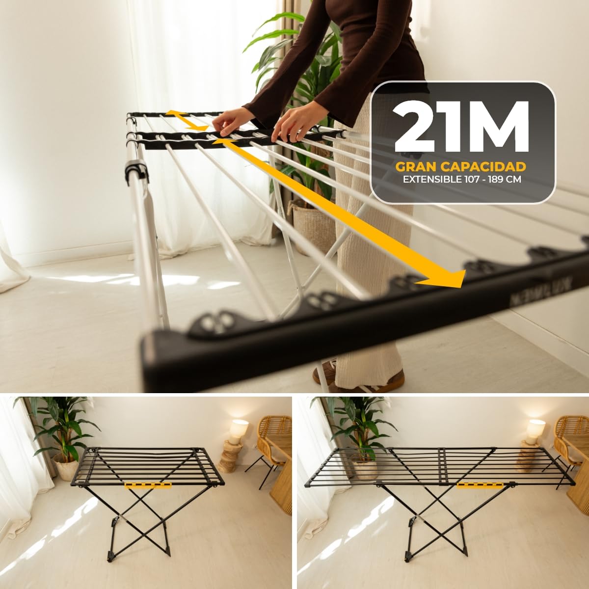 Newlux-Tendedero Extensible Expansion V25 Telescópico 21m Capacidad (189x57x92,5cm), Estructura Super Estable, Barras XXL Extra Gruesas. Tendedero Plegable con Ruedas y Soporte para Calcetines, Blanco