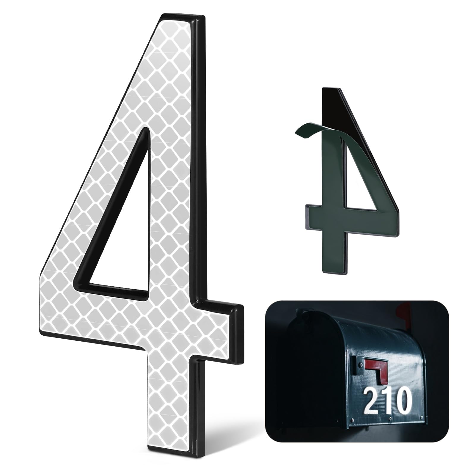 4 Inch Reflective House Numbers for Outside, VONDERSO High-Intensity Reflective Self-adhesive Mailbox Numbers, Durable ABS Base for House Plaques, Mailbox, Yard, Garage – Plaque Number ‘4’
