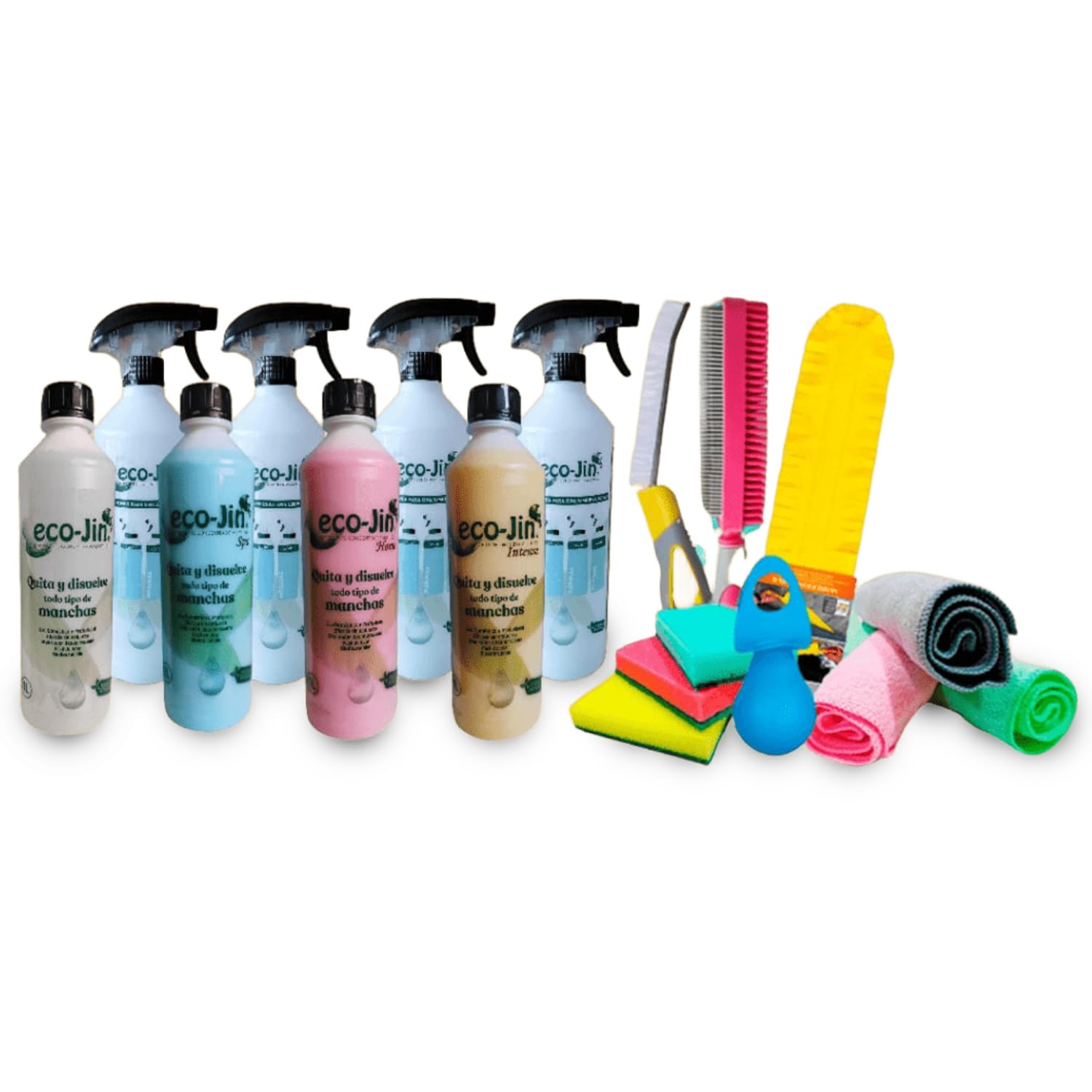 Eco-Jin Pack (SPA - Intense - Home - Neutro) | 4 Difusores | Plumero | Cepillo Juntas Amarillo | Cepillo Textil Rosa | 4 Bayetas Microfibra | 4 Estropajos con Esponja | Bola Descalcificadora