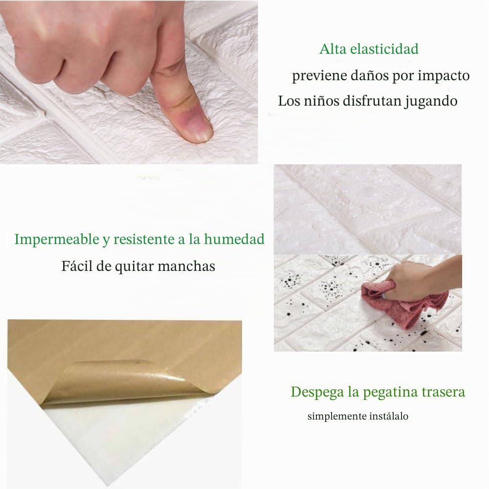 NHSUNRAY Papel Tapiz de Ladrillo 3D, Paneles de Pared 3D Autoadhesivo Impermeables, Bricolaje Papel Pintado para Cocina, Sala de Estar, Dormitorio, Decoración de Fondo (12 Piezas, Blanco)