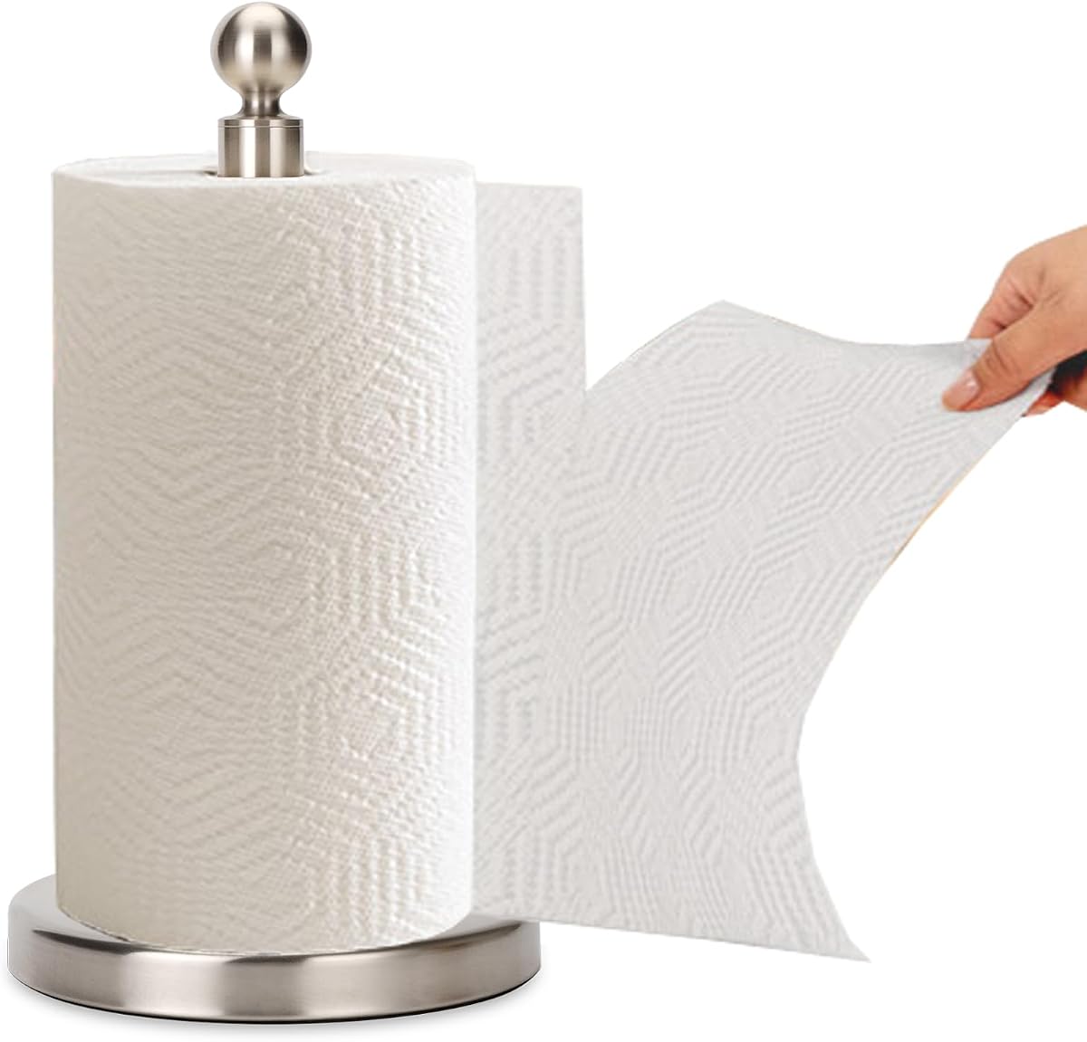 Soporte para toallas de papel, soporte para rollo de toallas de papel de pie para cocina, baño, con base pesada para operación con una sola mano (base de acero inoxidable, níquel cepillado)