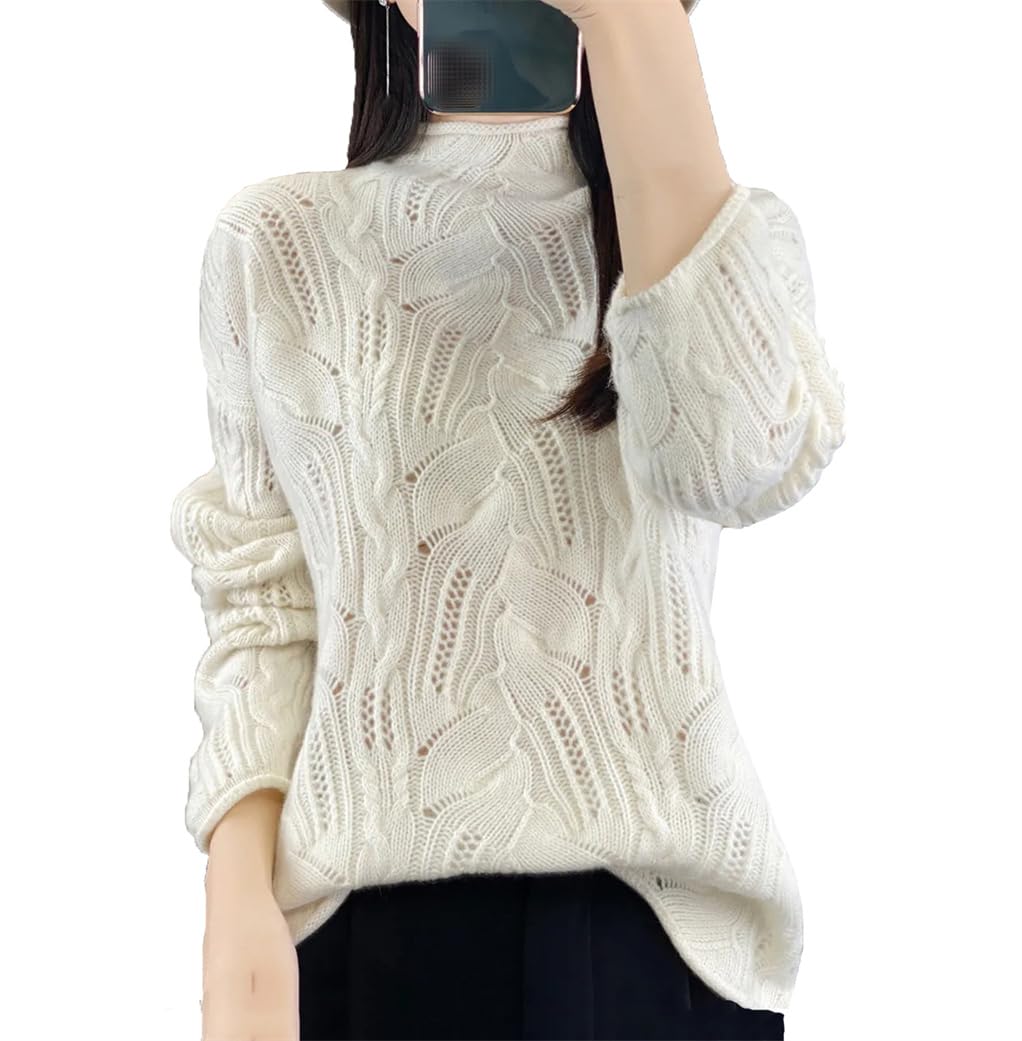Dninmim Suéter de lana de manga larga con cuello alto para mujer, suéter de punto hueco