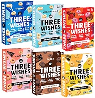 Protein and Gluten-Free Breakfast Cereal by Three Wishes - Variety Pack, 6 Pack - High Protein and Low Sugar Snack - Kosher, Vegan and Dairy-Free - Frosted, Fruity, Cocoa, Unsweetened, Honey and Cinnamon