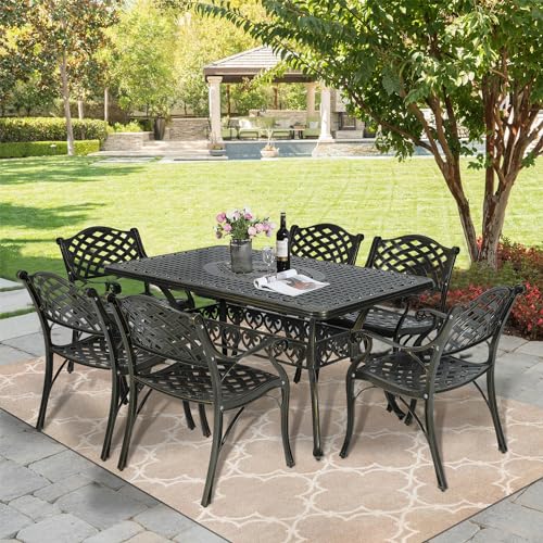 Image of MEETWARM 7 piece Outdoor Patio Dining Set for 6 Seater Dining Table Set, All-Weather Cast Aluminum Patio Conversation Set for Garden with 6 Chairs, 1 Rectangular Table, 2 inch Umbrella Hole, Dark Bronze
