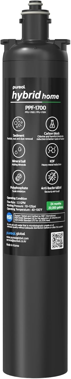 Pureal Hybrid Home PPF-1700 17inch Carbon Block Replacement Filter, 20000 Gallons, Mineral Sediment KDF Polyphosphate, NSF/ANSI 42&372, Under Sink Water Filter for Scale & Lead & Chlorine