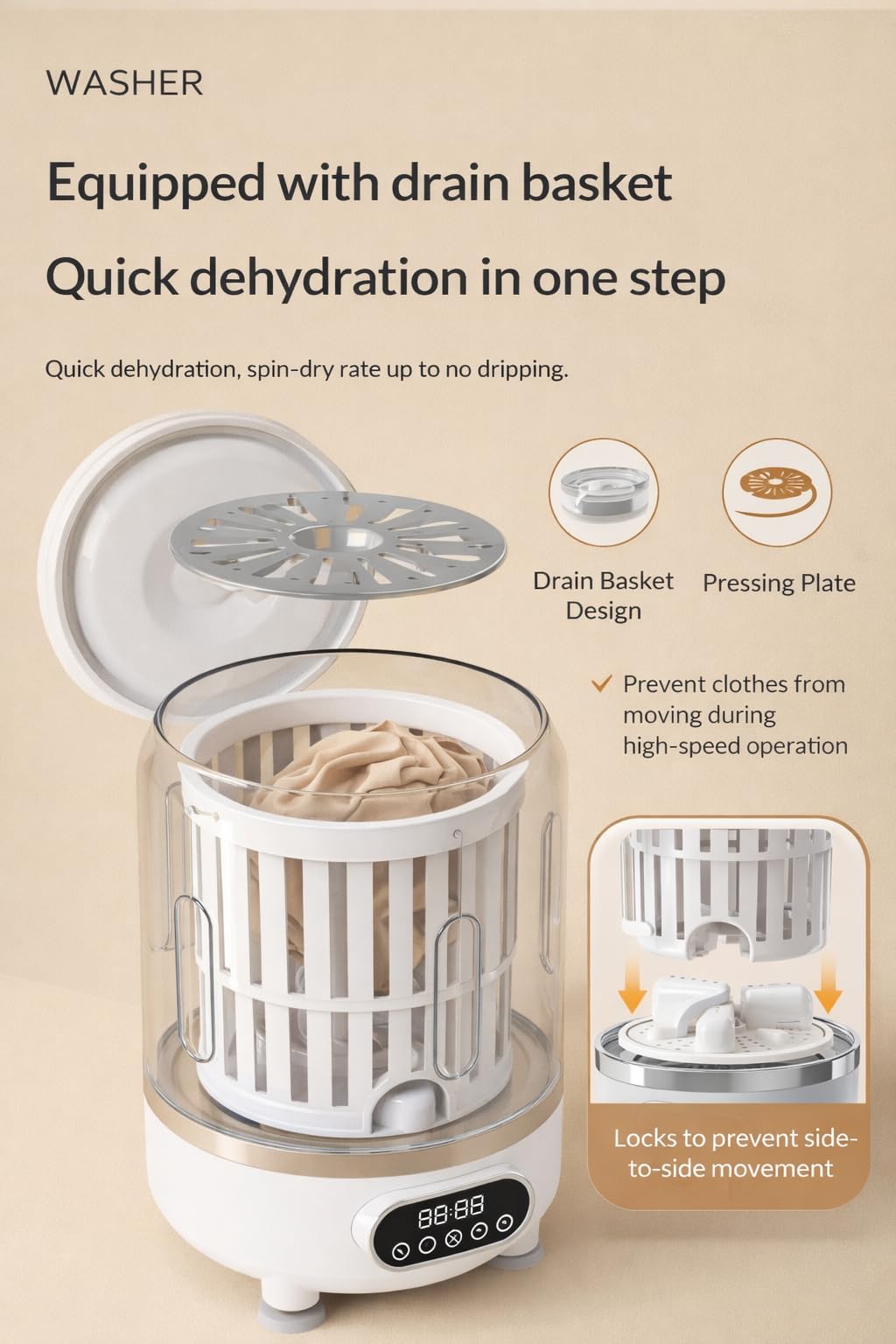 Mini lavadora portátil 3 en 1, lavadora compacta de capacidad de 3 litros con pantalla digital y múltiples modos, material ABS y polipropileno duradero, pequeña solución de lavandería para ropa