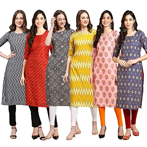 Image of Pinkmint Women's Crepe Digital Print Straight Kurta Pack of 6 [CR-336-370-344-343-328-366]