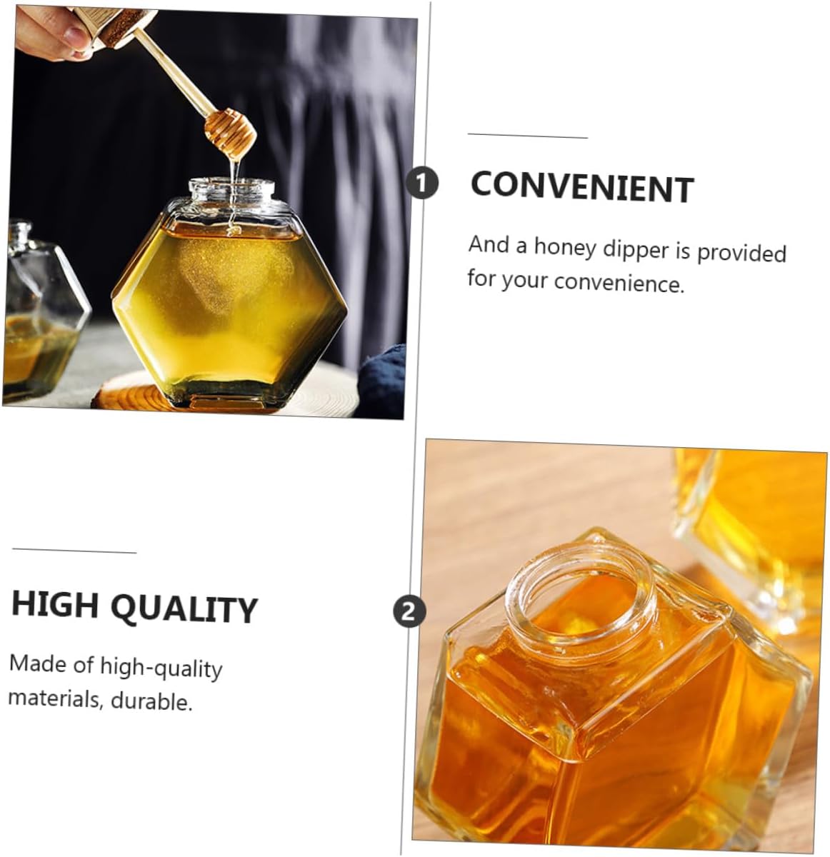 2Pcs Honey Jars and Wooden Lids Hexagonal Glass with 380ml Stirring Rods