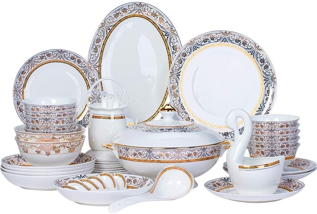 ディナープレート、高級ディナーセット、食器セット、48ピースの高級ボーンチャイナプレートとボウルセット - 家族の集まりや結婚式の贈