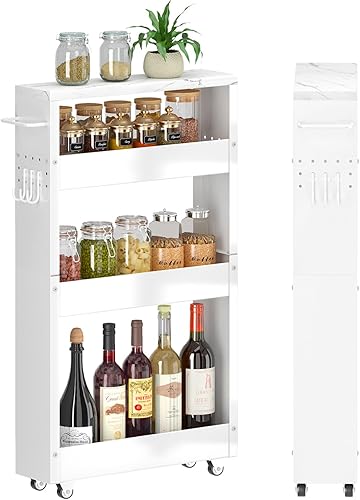 XYZLVSI Carrito de almacenamiento delgado, 5 pulgadas de ancho, carrito blanco de 4 niveles con asa y parte superior de madera para cocina, baño,