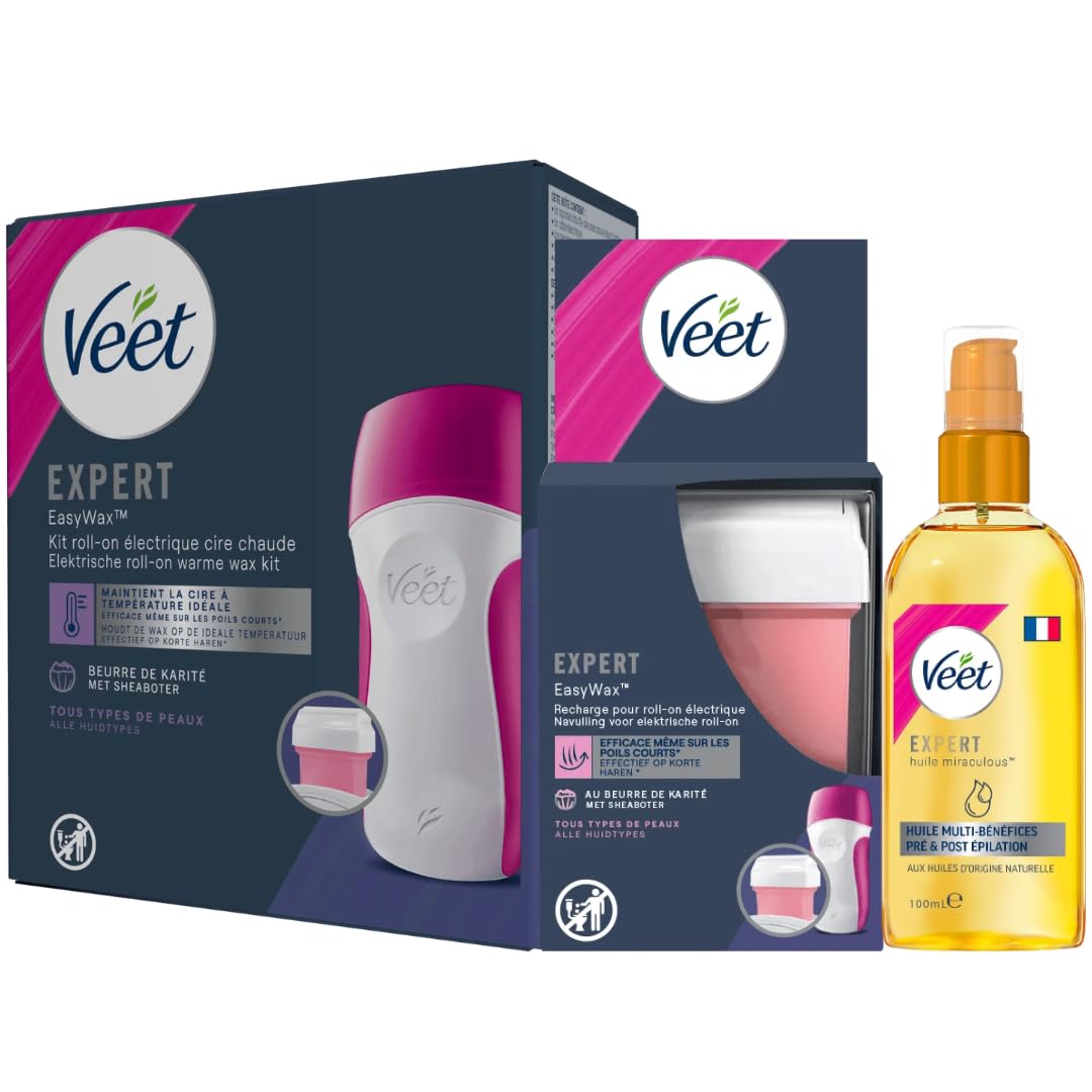 Veet - Kit Chauffe Cire Épilation avec 1 Kit Roll-On Veet, 1 Recharge EasyWax, 12 bandes de tissus et Huile après Épilation