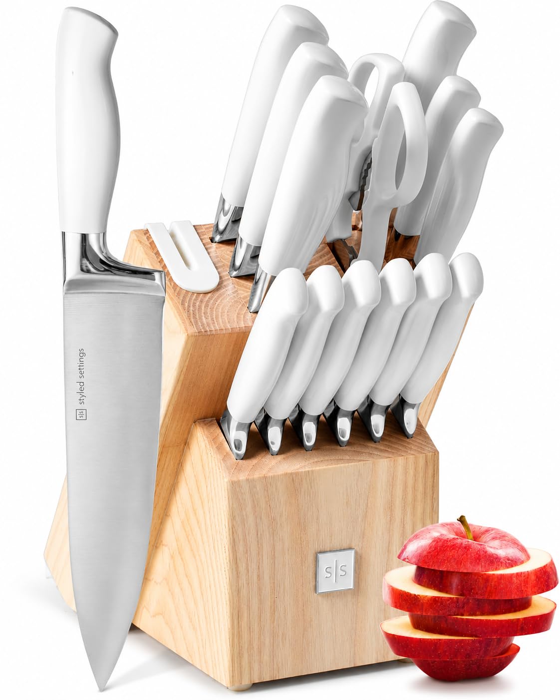 Styled Settings White Knife Set with Block and Sharpener, 14-Piece