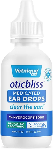 Vetnique Oticbliss Medicated Cat & Dog Ear Cleaner Drops - Dog Ear Infection Treatment with 1% Hydrocortisone to Soothe Itching, Redness, & Swelling - Vet Recommended