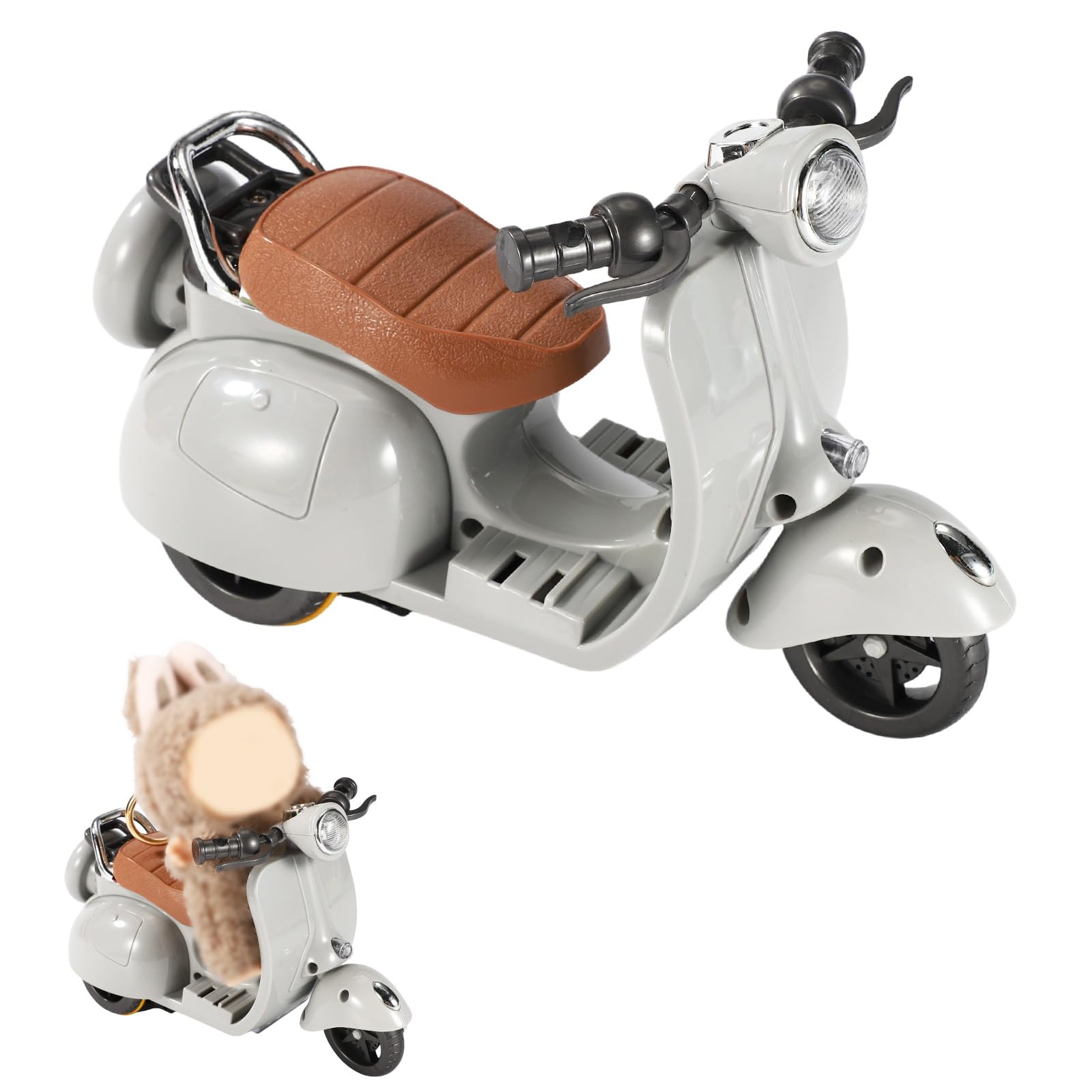 BTFO Doll Scooter Toy with Lights & Music, Rotating Interactive Motorcycle Model Toy Vehicle Fun Desktop Decor Accessories for Doll Collectors (Gray)